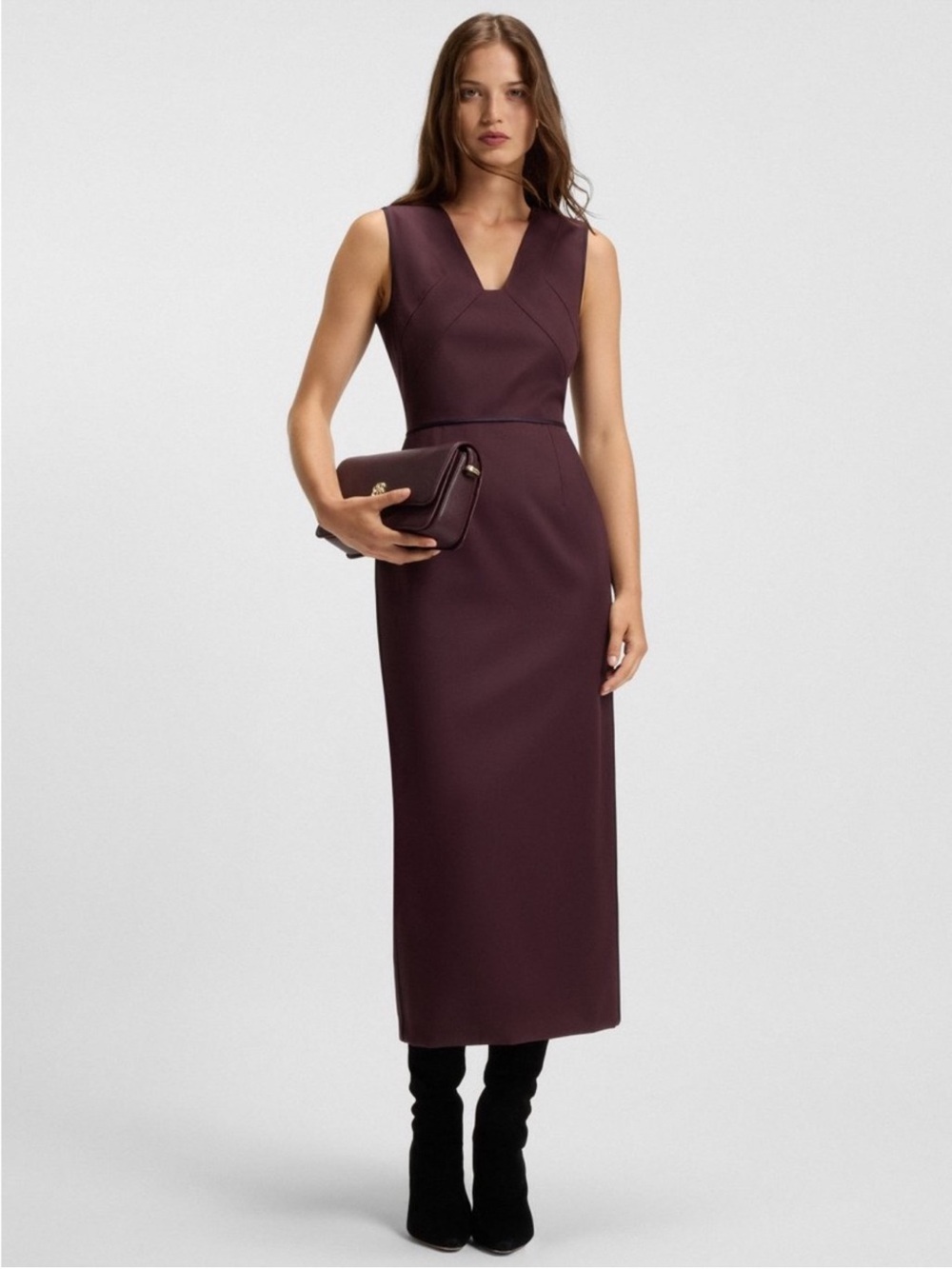 BOSS Virgin Wool Midi Sheath Dress Bordeaux Size 12 NWT Defect